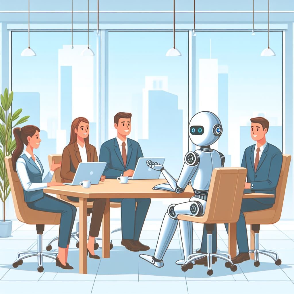 Lystig møterom hvor en av de ansatte er en robot som symboliserer KI.