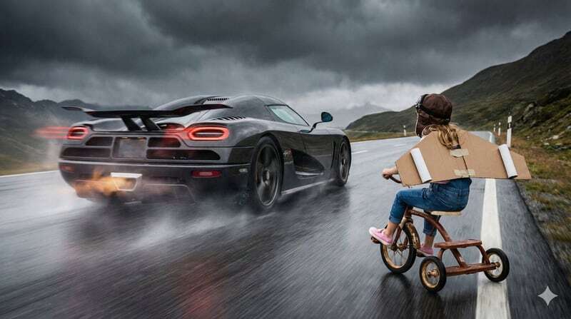 Sportsbil kjører fra et barn på trehjulssykkel